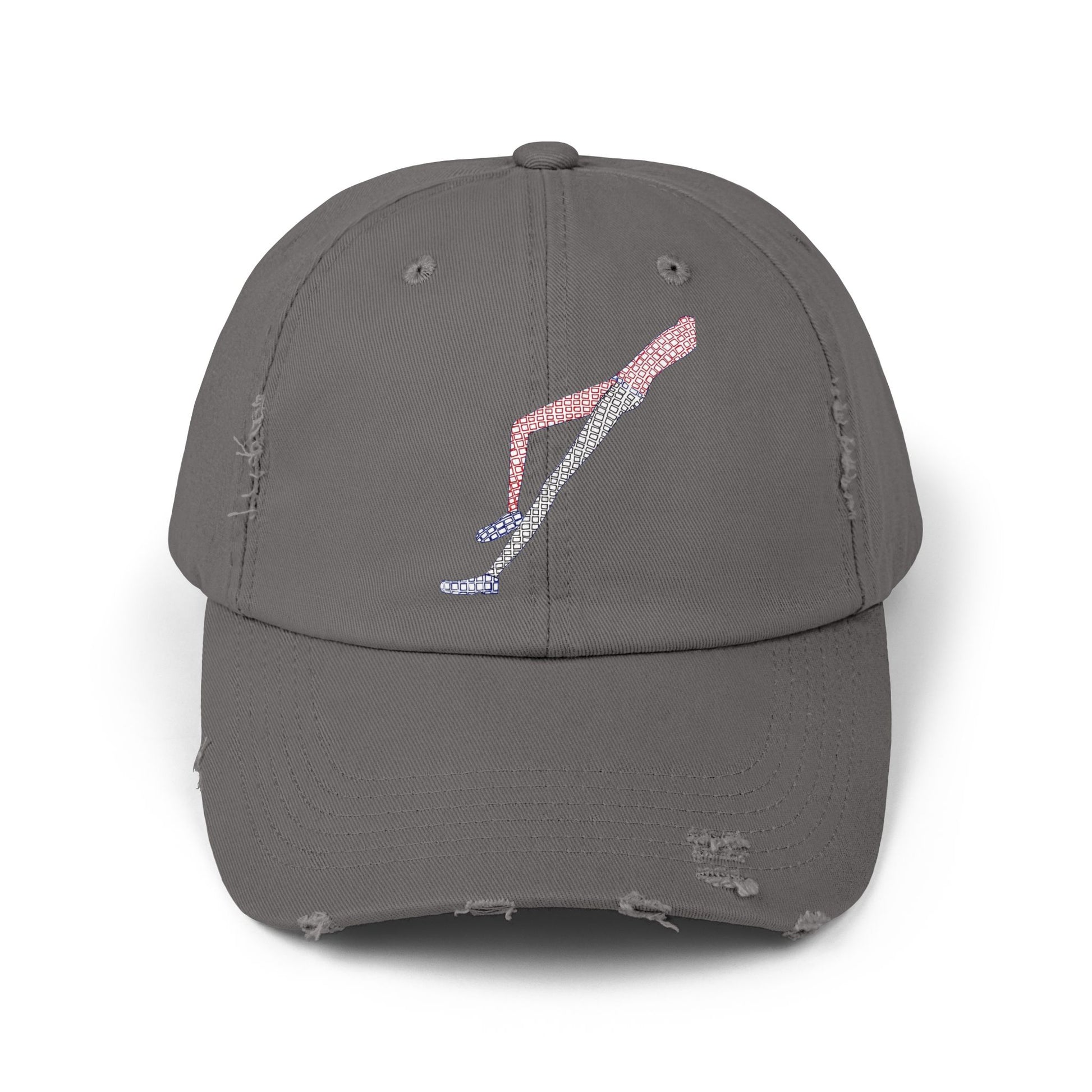 Front view of Shapes in Shapes grey distressed baseball cap featuring original embroidered design.