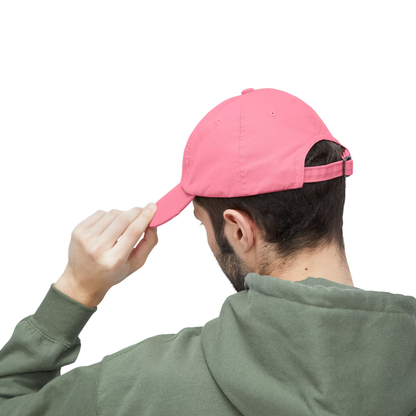 Back view of male model wearing Shapes in Shapes grey distressed baseball cap with adjustable strap.