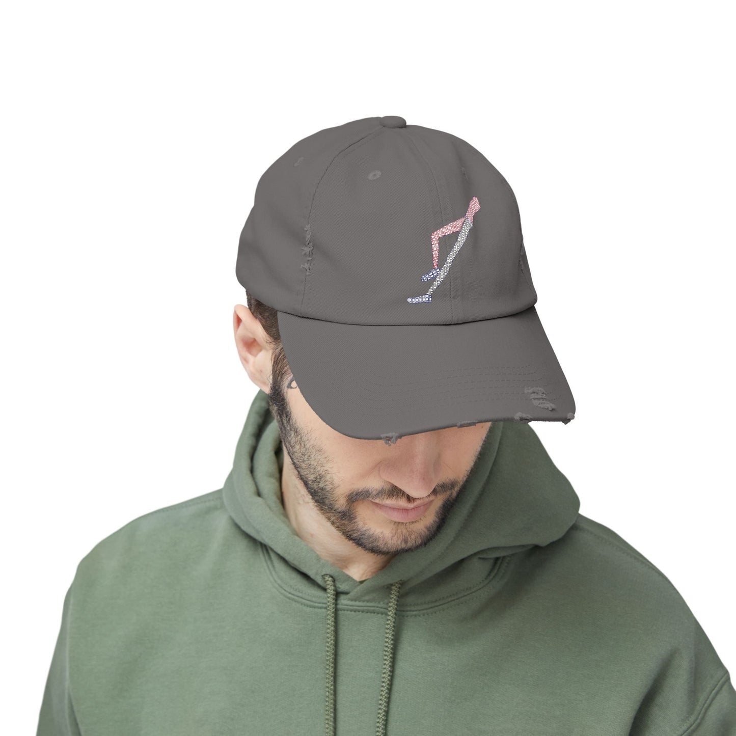 Male model wearing Shapes in Shapes grey distressed baseball cap with casual hoodie.