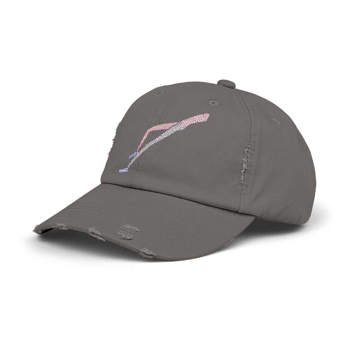 Side view of Shapes in Shapes grey distressed cotton baseball cap with embroidered artwork.