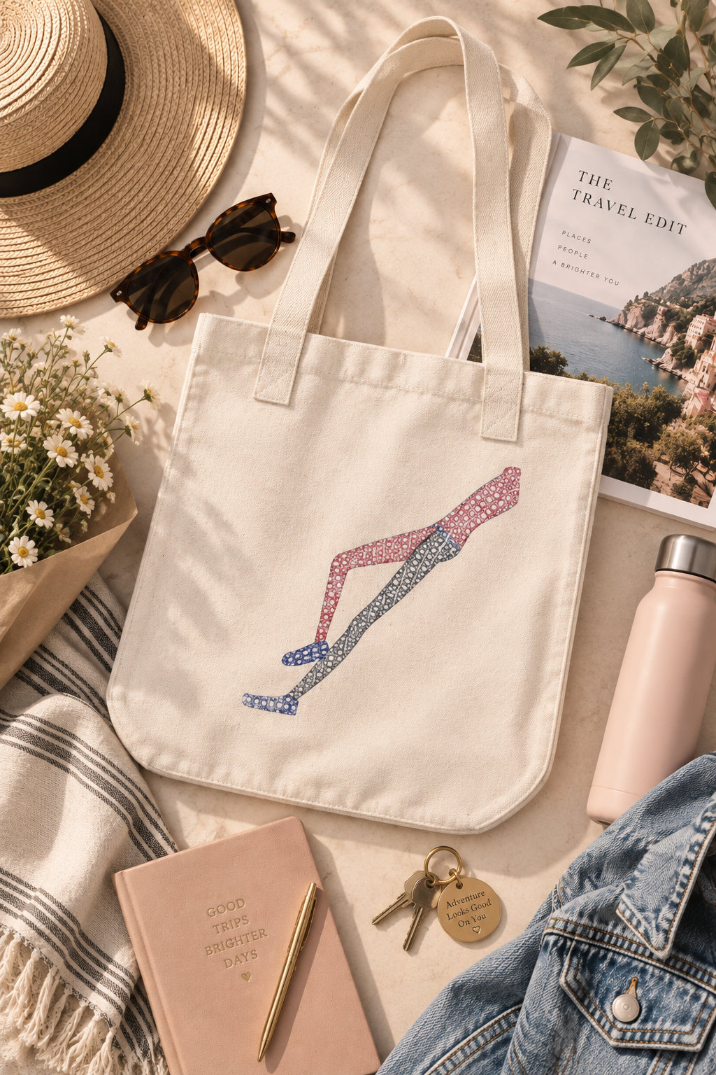 Shapes in Shapes natural organic cotton art tote bag flat lay with travel accessories and hand-drawn leg artwork