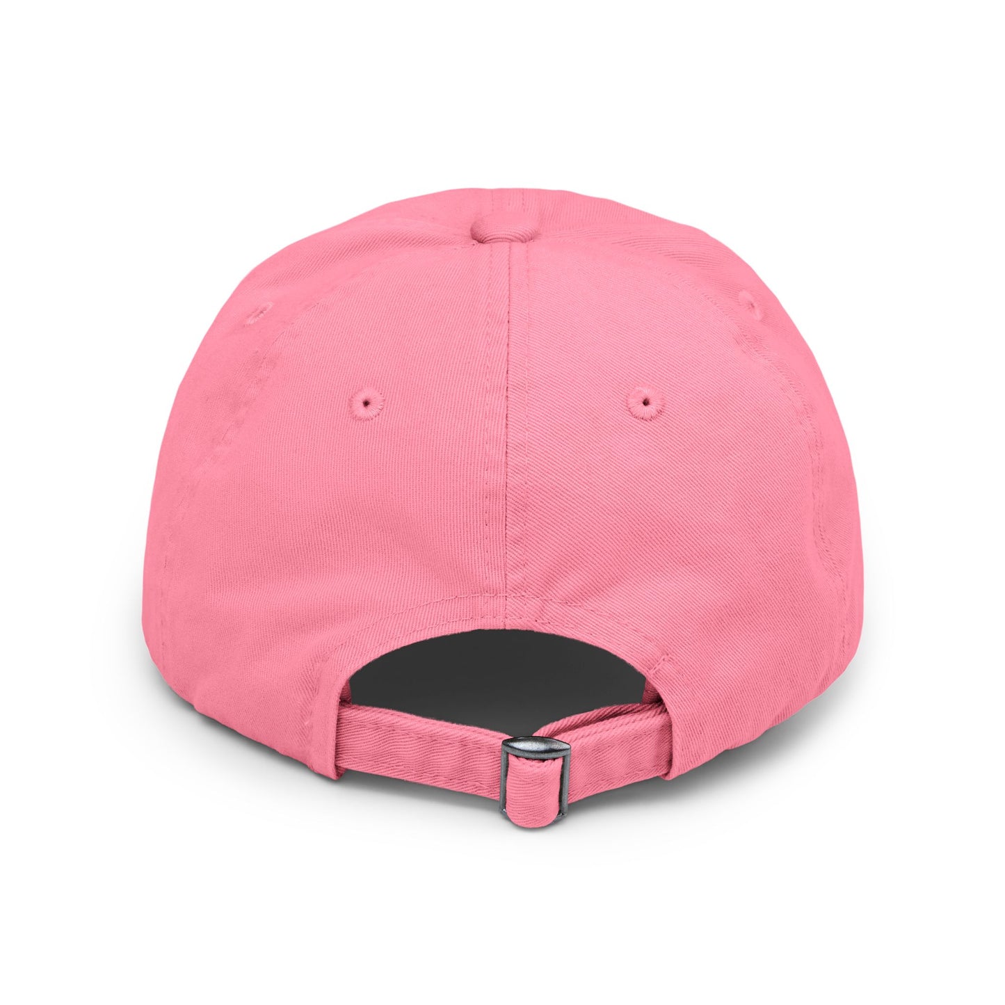 Back view of Shapes in Shapes pink distressed baseball cap with adjustable strap closure.