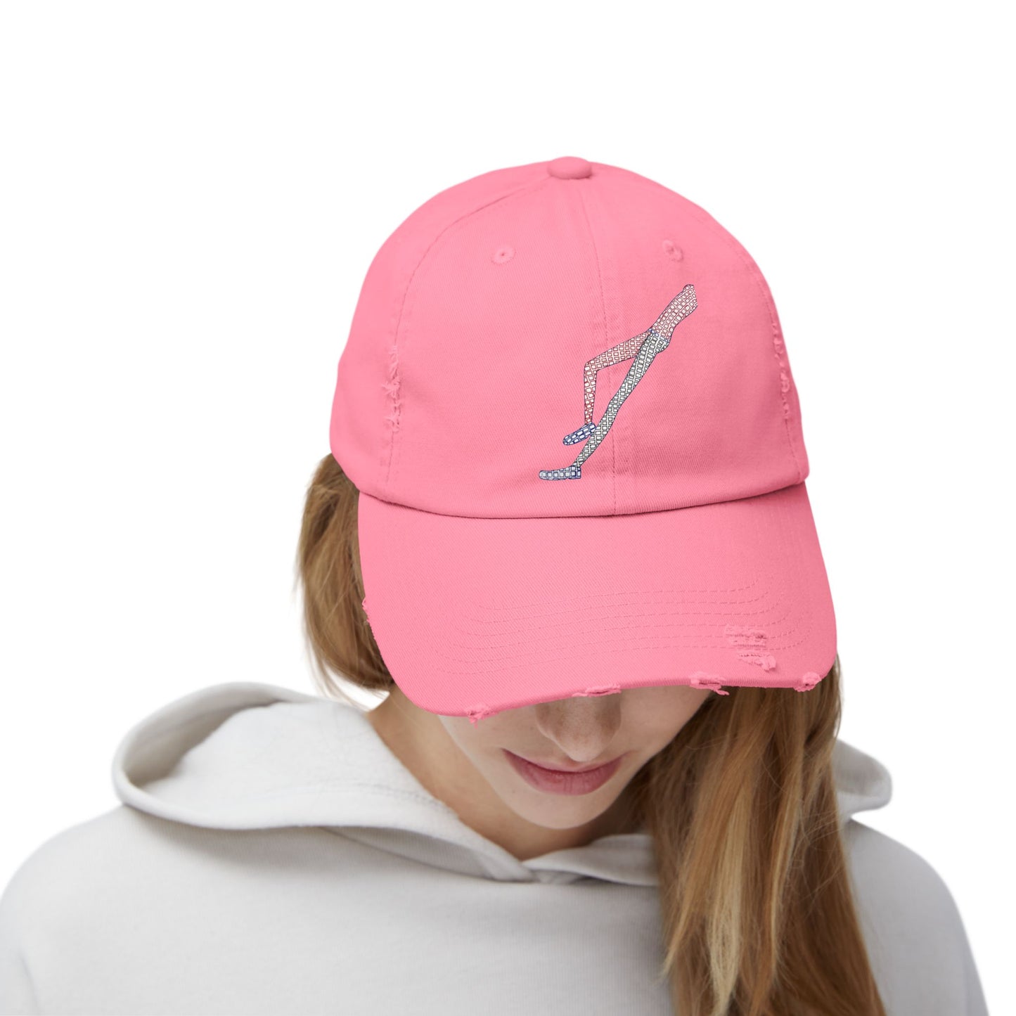 Side profile of female model wearing Shapes in Shapes pink distressed baseball cap.