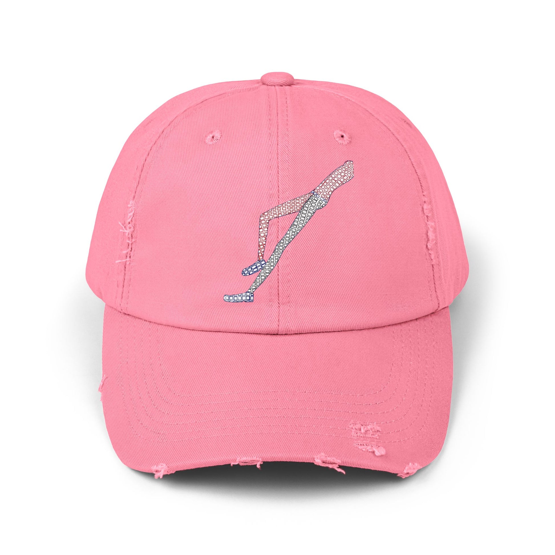 Front view of Shapes in Shapes pink distressed baseball cap featuring original embroidered artwork.