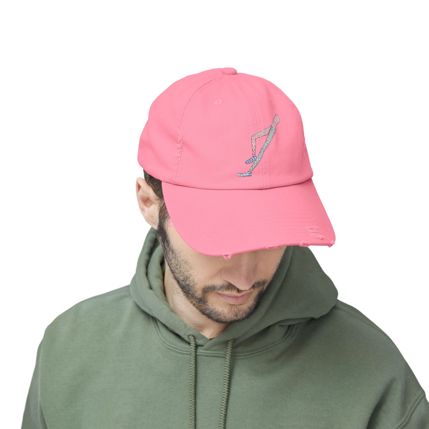 Male model wearing Shapes in Shapes pink distressed baseball cap and casual streetwear outfit.