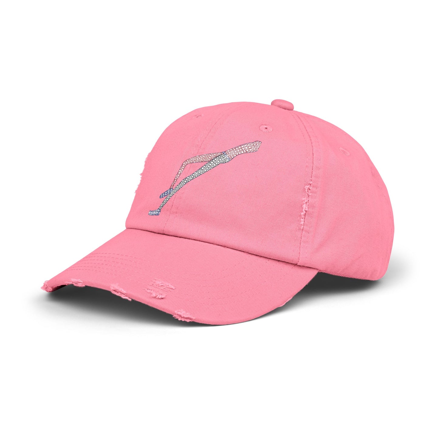 Side view of Shapes in Shapes pink distressed cotton baseball cap with embroidered design.