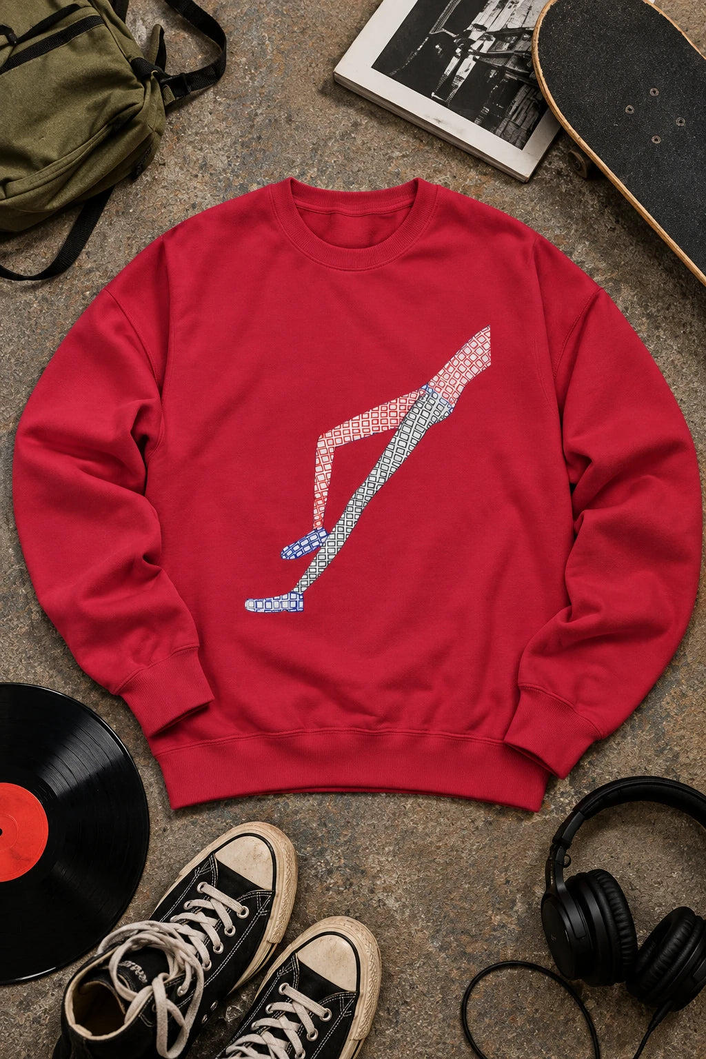 Red Shapes in Shapes sweatshirt with original hand-drawn geometric leg artwork in editorial flat lay.