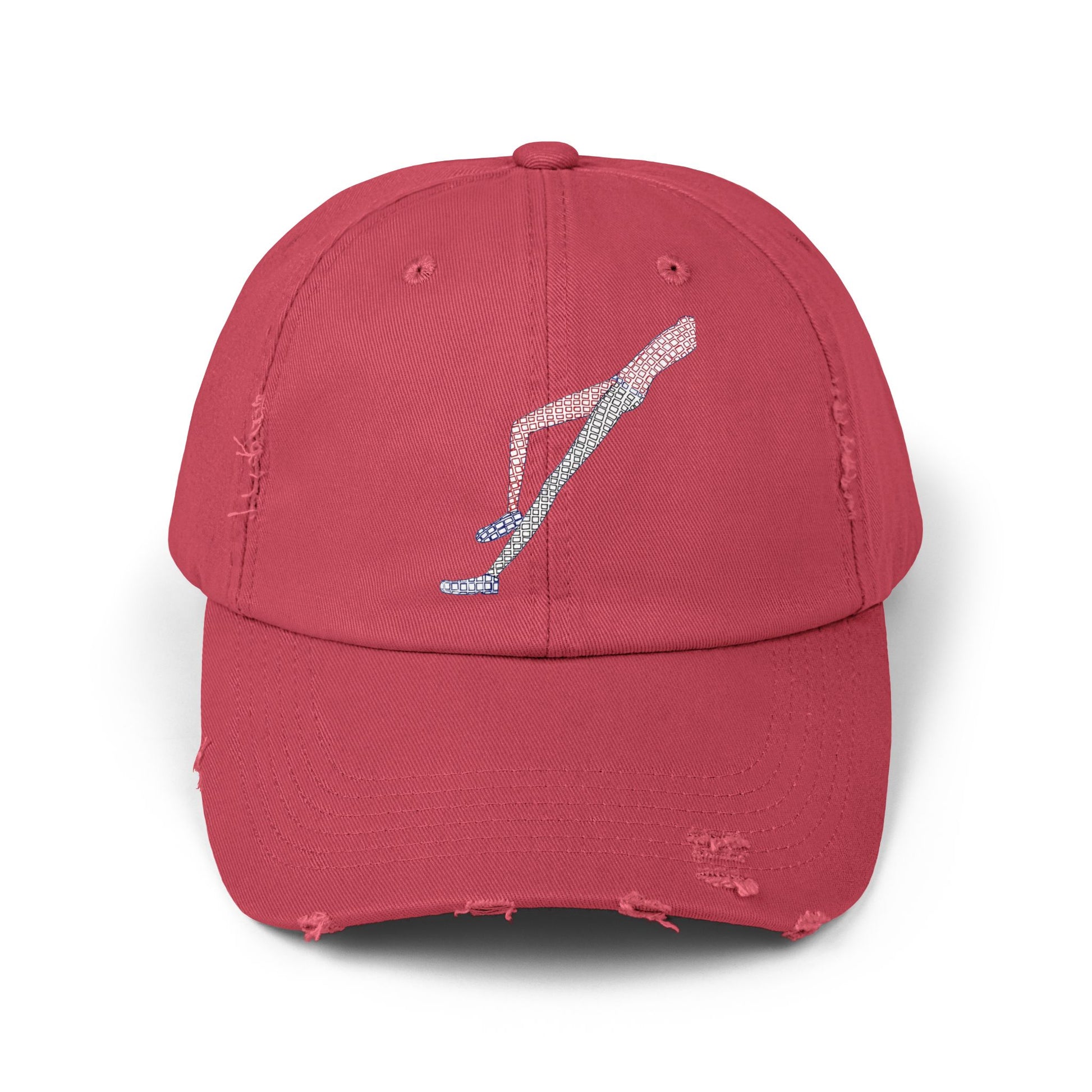 Front view of Shapes in Shapes red distressed baseball cap featuring original embroidered design.