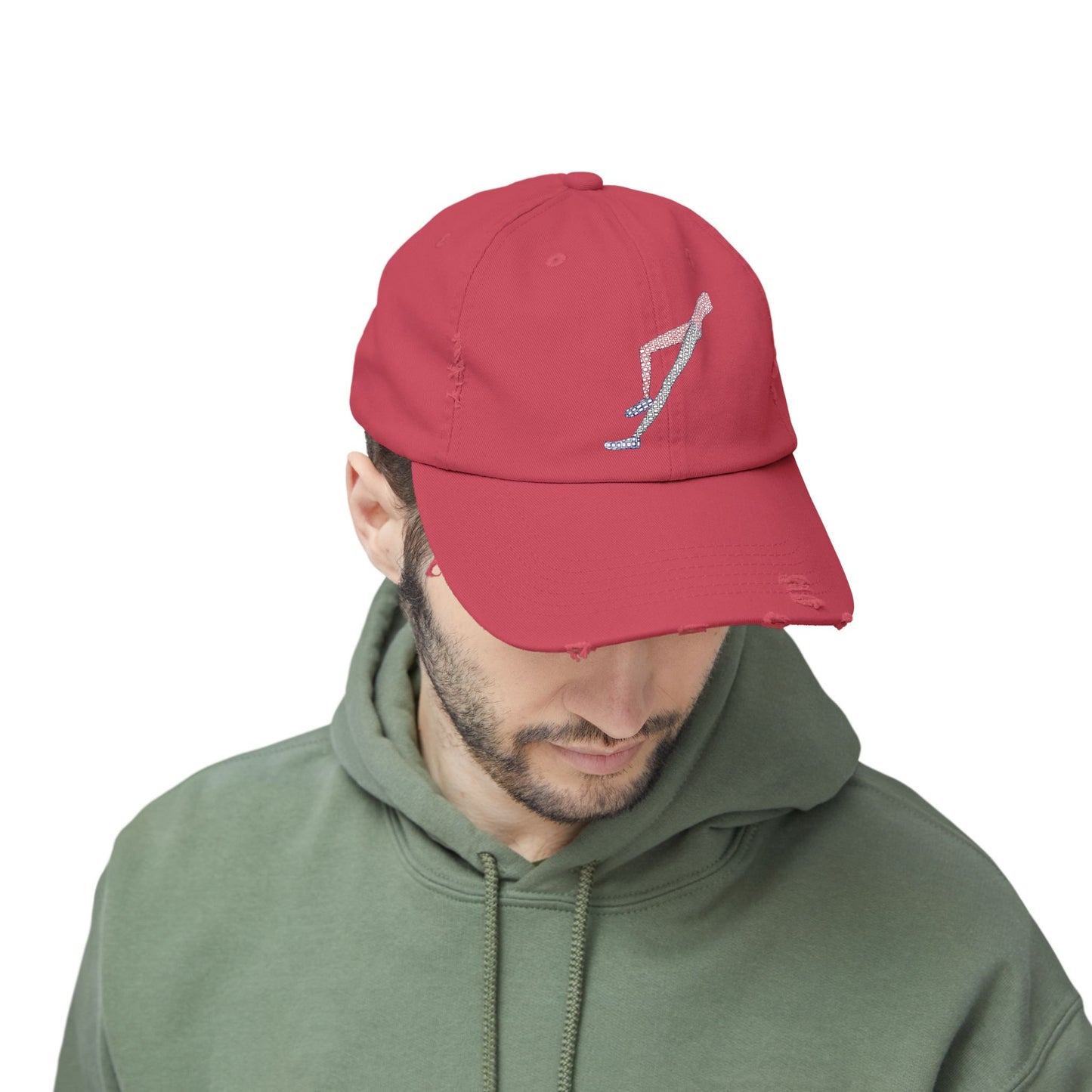 Male model wearing Shapes in Shapes red distressed baseball cap and casual hoodie.