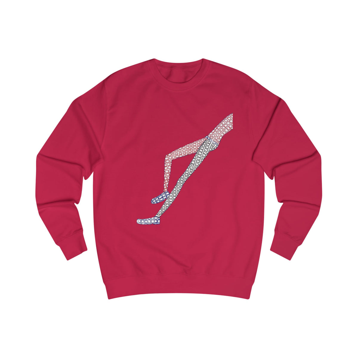 Front view of red Shapes in Shapes graphic crewneck sweatshirt with abstract hand-drawn artwork.