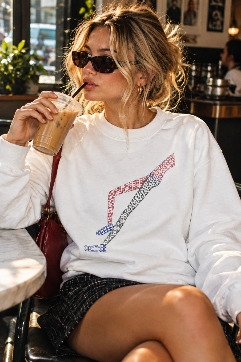 Woman wearing the white Shapes in Shapes abstract art sweatshirt in a café setting.