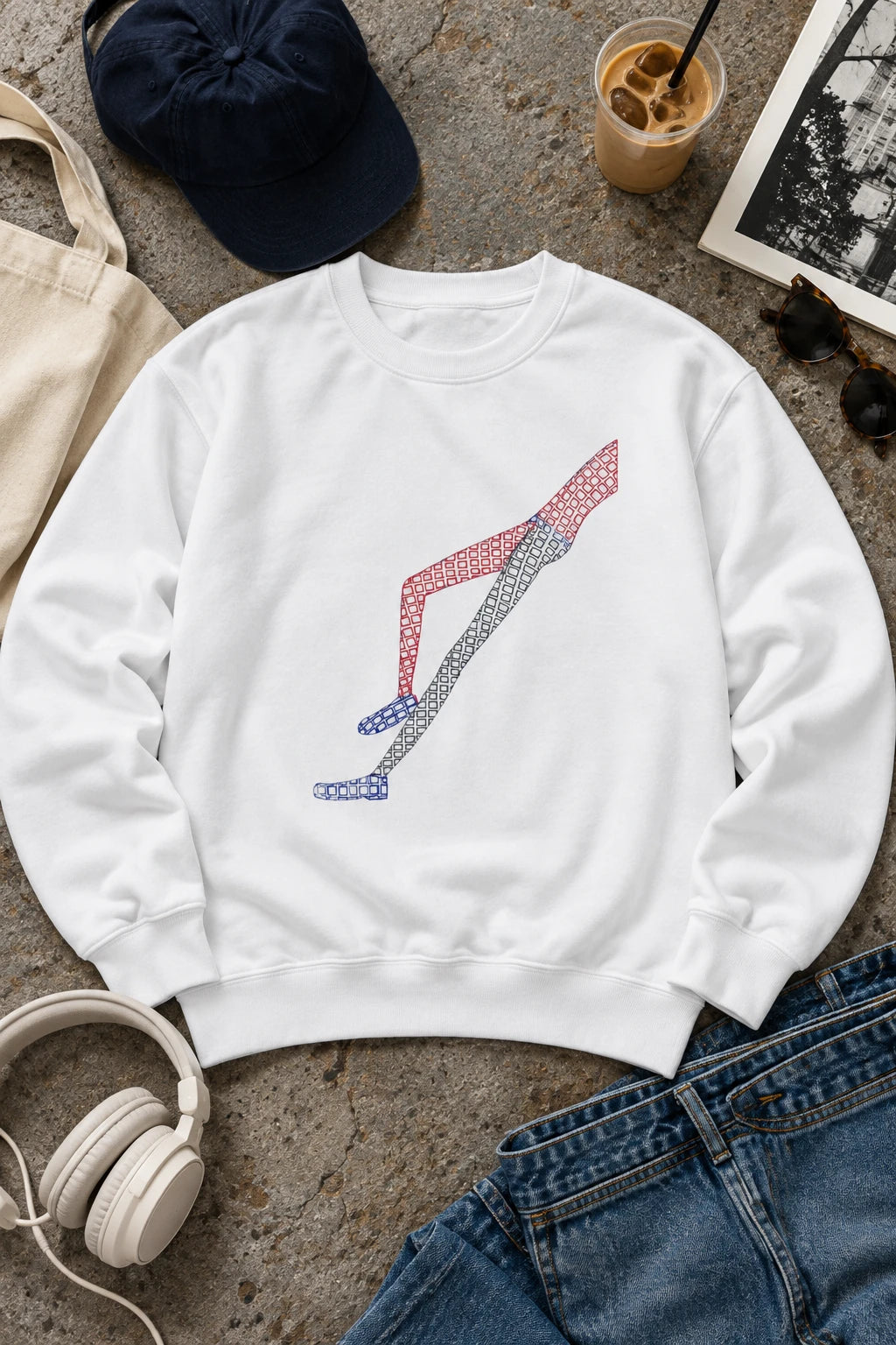 White Shapes in Shapes sweatshirt with original hand-drawn geometric artwork in editorial flat lay.