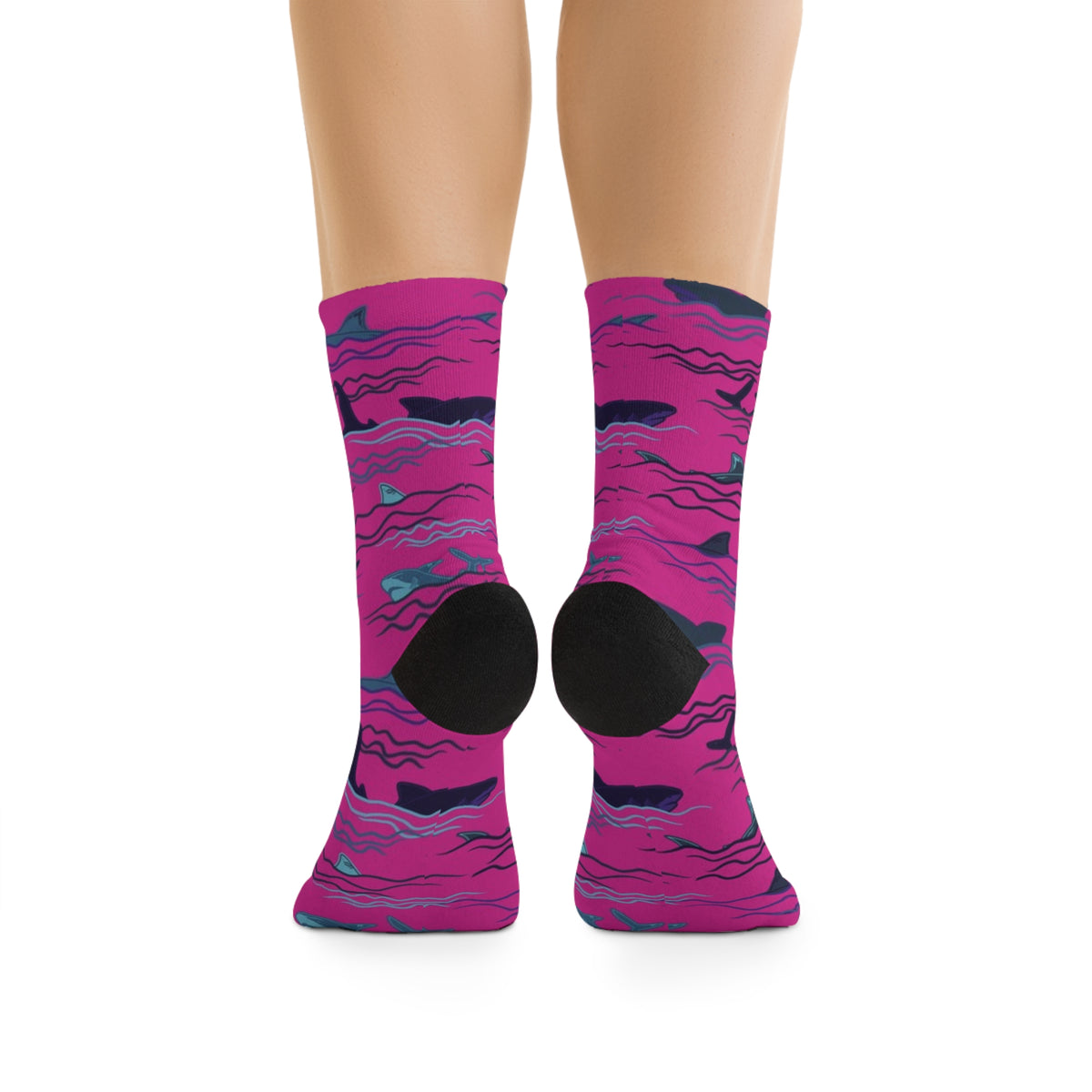 Back view of Sharks & Friends shark print crew socks showing black heel details and ocean pattern.