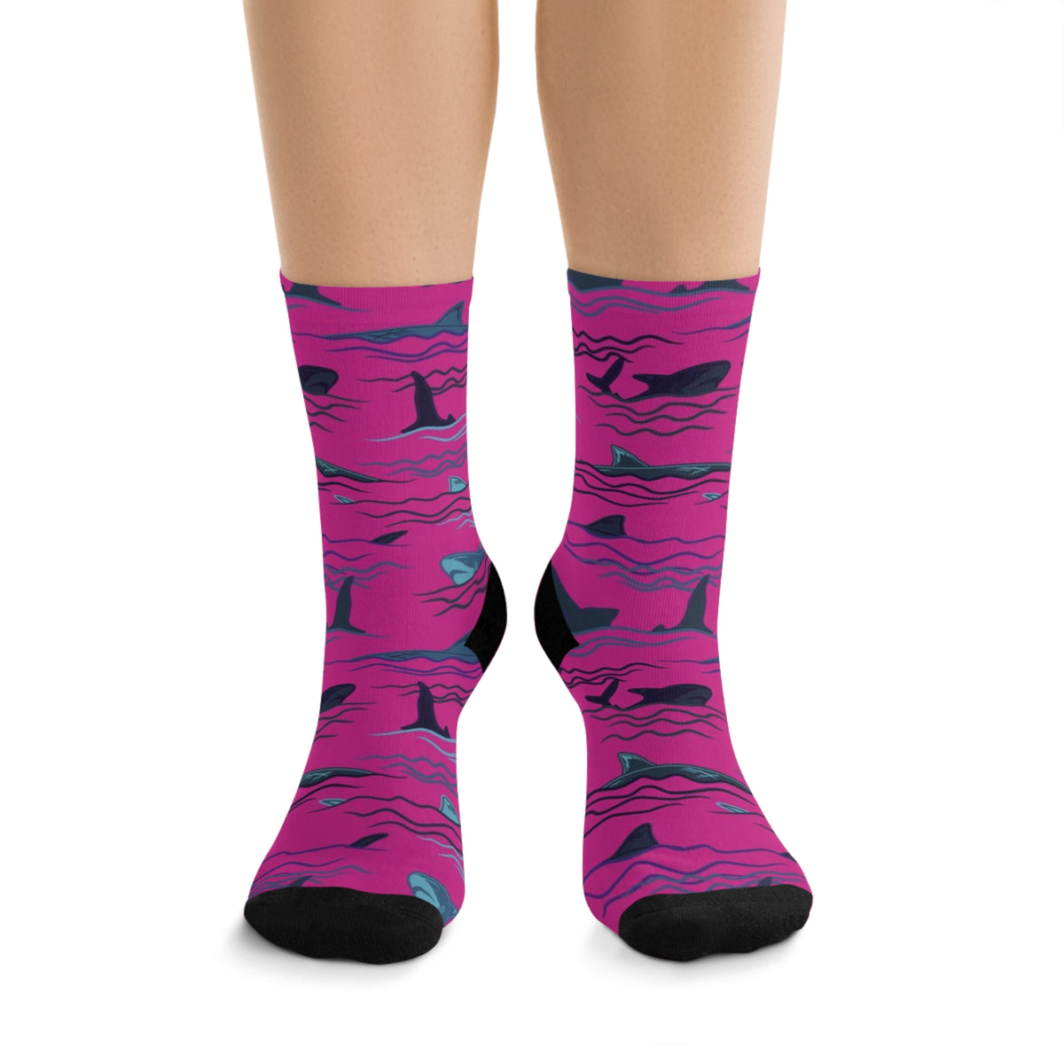 Front view of Sharks & Friends crew socks with bold magenta shark and ocean graphic pattern.
