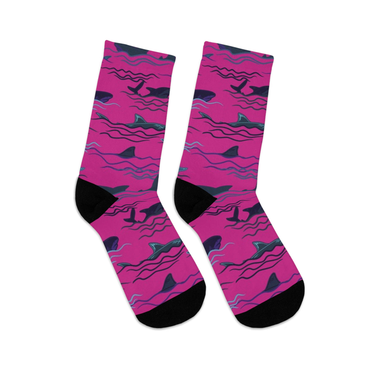 Pair of Sharks & Friends shark crew socks with magenta ocean graphic and black heel and toe accents.