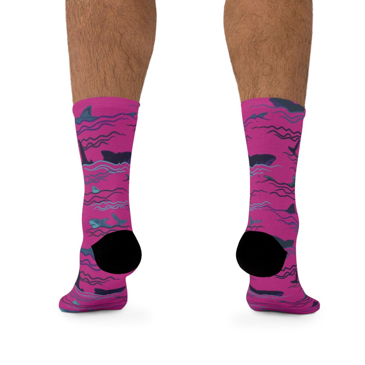 Male model wearing Sharks & Friends shark print crew socks shown from the back.