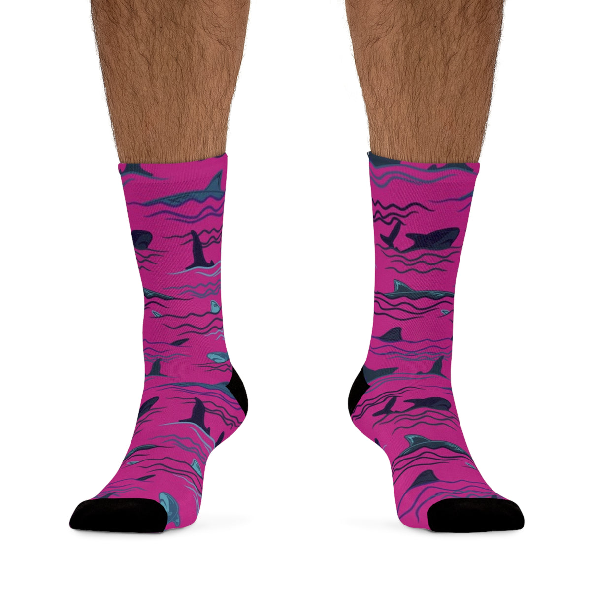 Male model wearing Sharks & Friends shark graphic crew socks from the front.