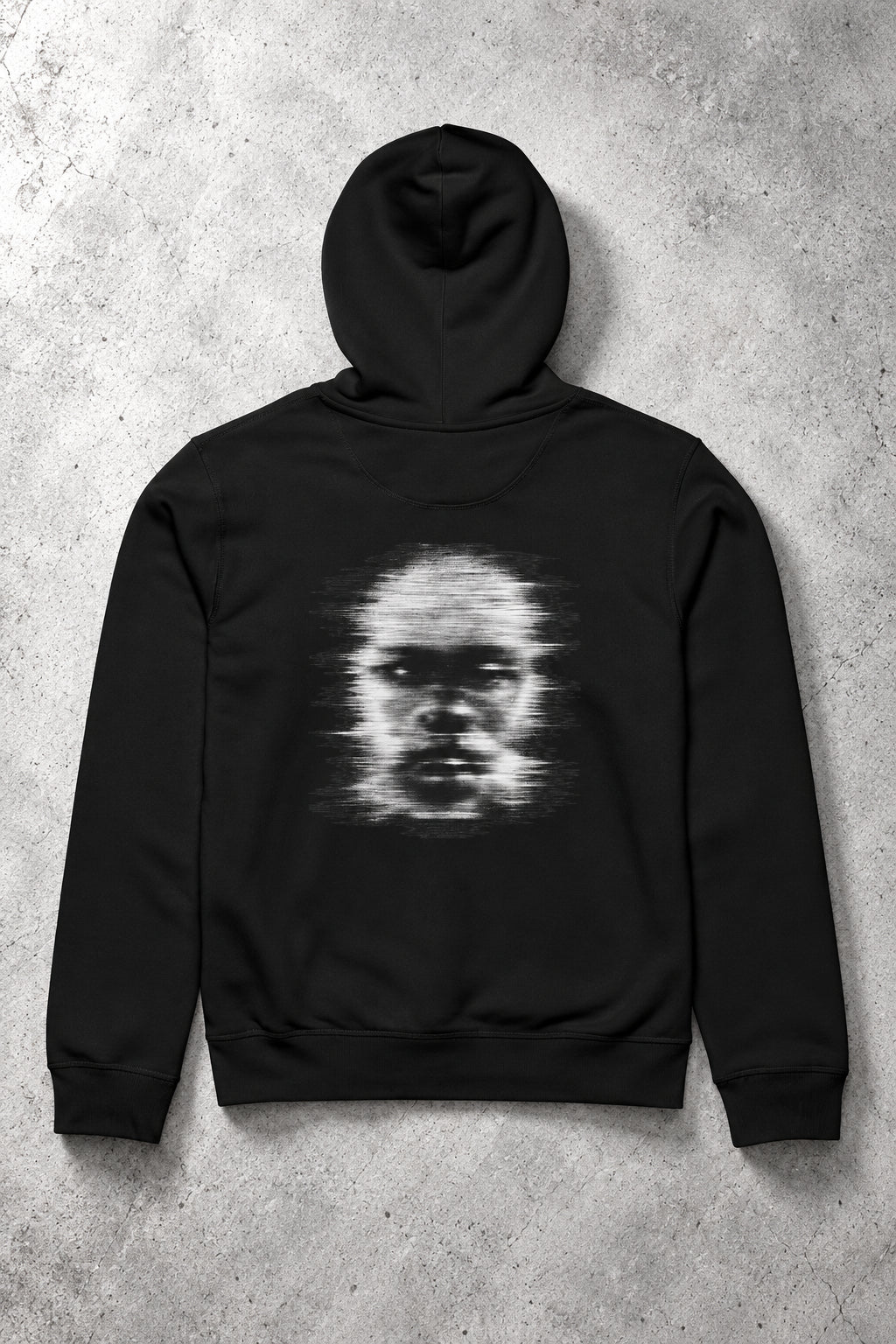 Back flat lay mockup of the Signal Ghost organic graphic hoodie on a light concrete textured background