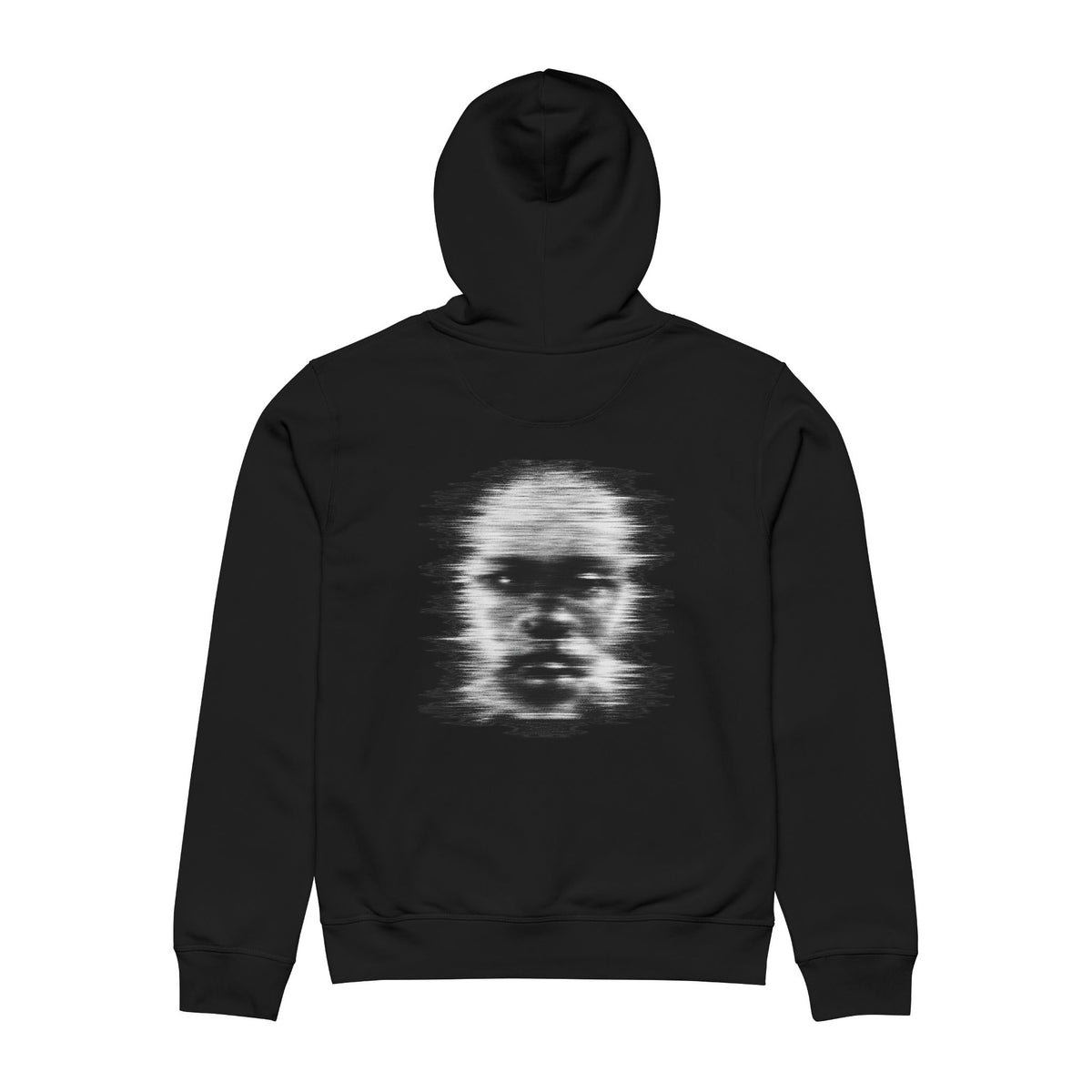 Back view of the black Signal Ghost organic graphic hoodie with distorted glitch face artwork