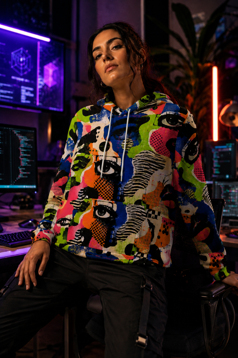 Female millennial wearing the colorful Signal Jammer adversarial fashion hoodie in a cinematic tech studio setting