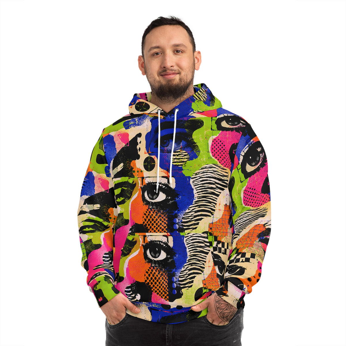 Male model wearing the Signal Jammer anti-facial recognition hoodie from the Tech Collection