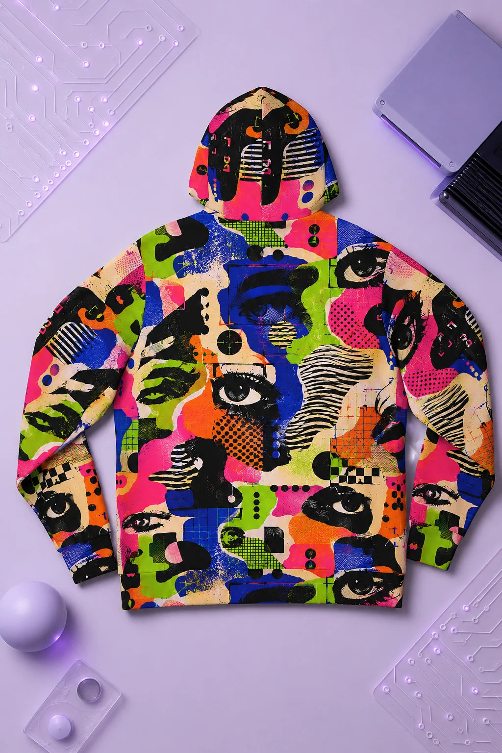 Signal Jammer anti-facial recognition hoodie back view in a tech-inspired flat lay