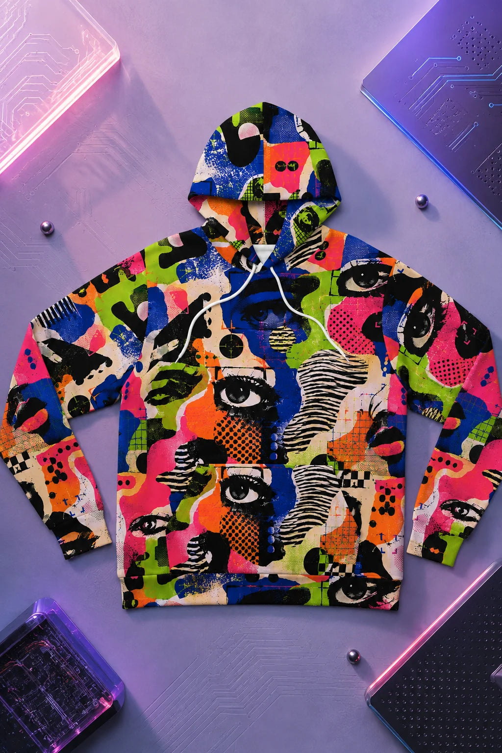 Signal Jammer anti-facial recognition hoodie front view in a colorful tech flat lay