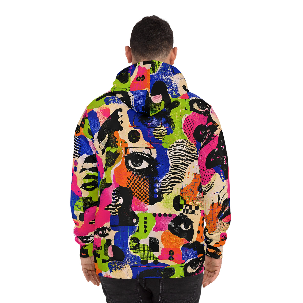 Back view of male model wearing the Signal Jammer unisex anti-facial recognition hoodie