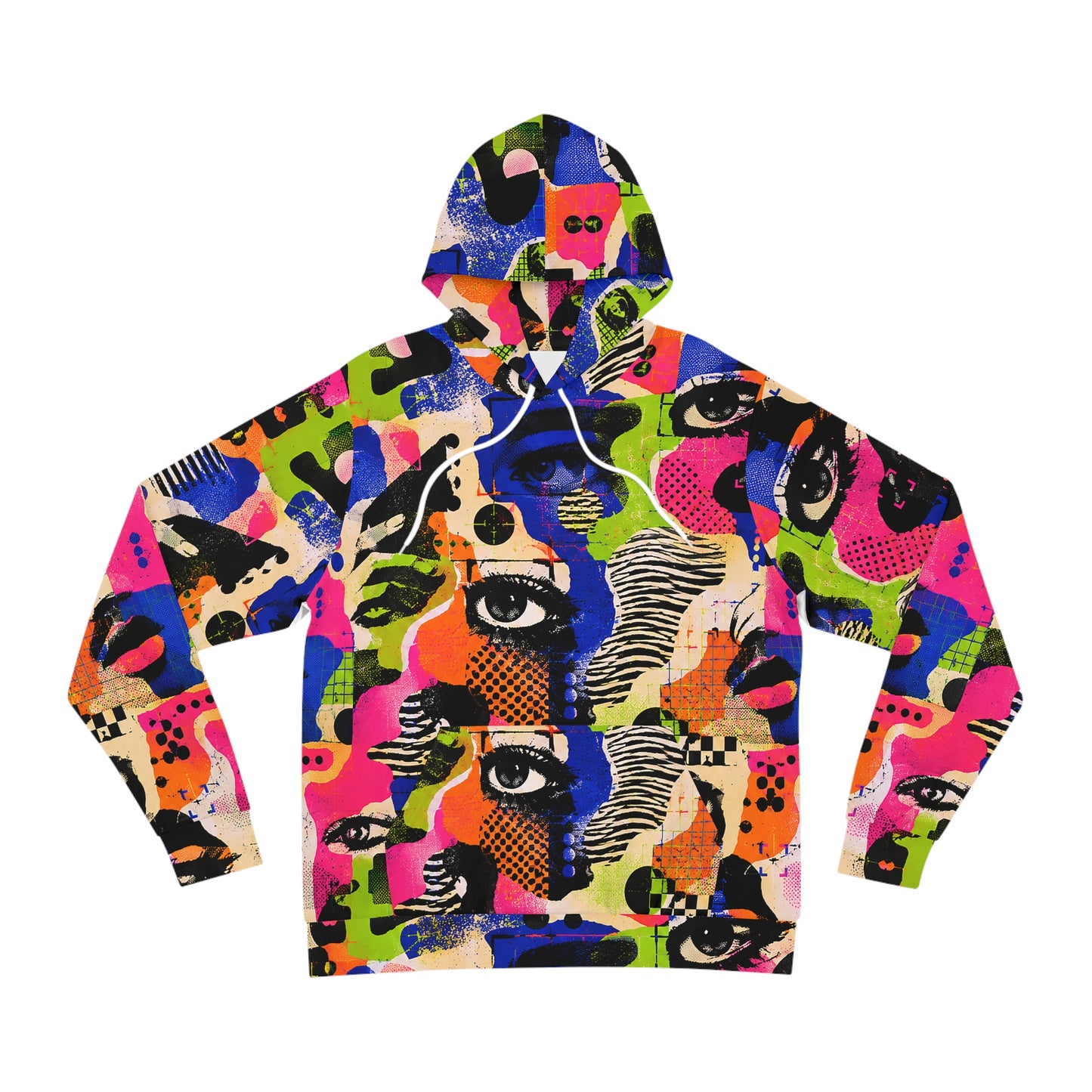Front view of Signal Jammer anti-surveillance graphic hoodie with abstract eye pattern