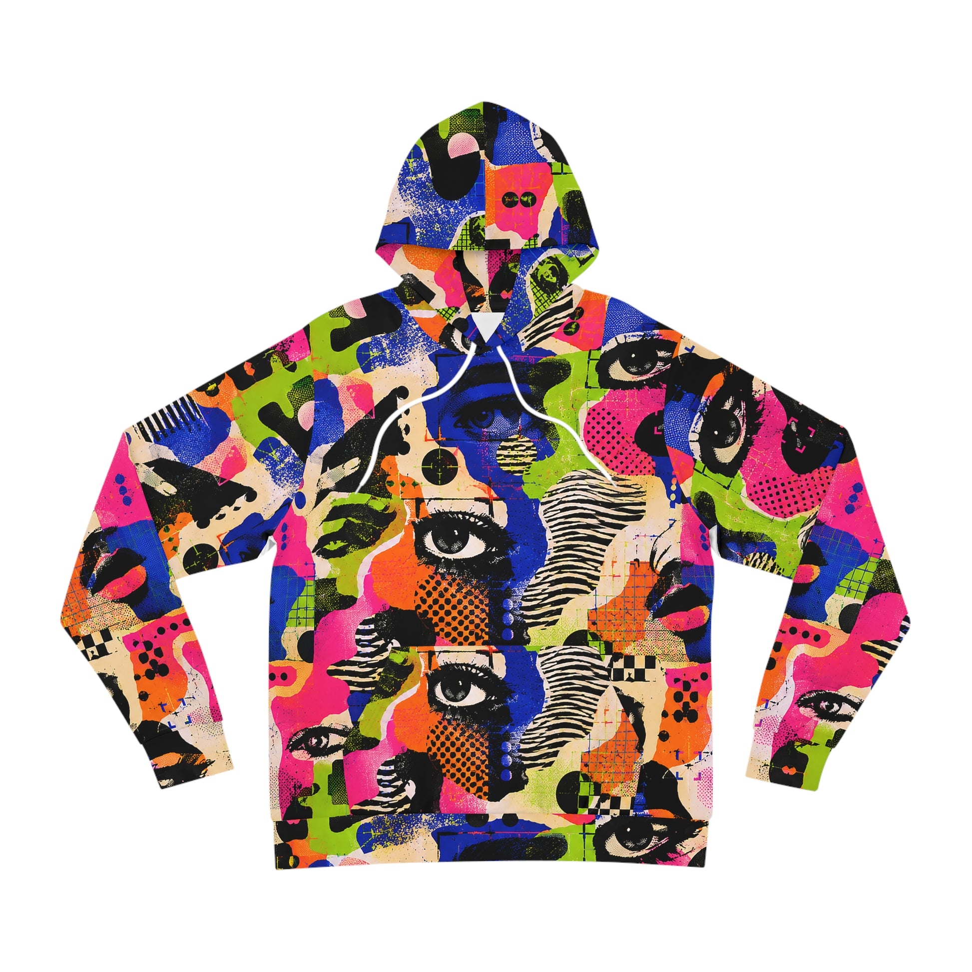Front view of Signal Jammer anti-surveillance graphic hoodie with abstract eye pattern