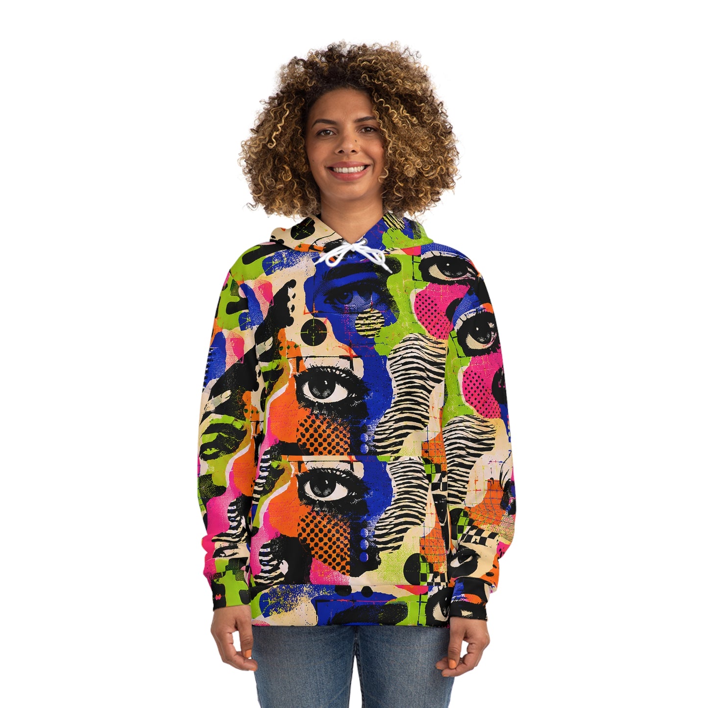 Female model wearing the Signal Jammer adversarial techwear hoodie with colorful graphic pattern