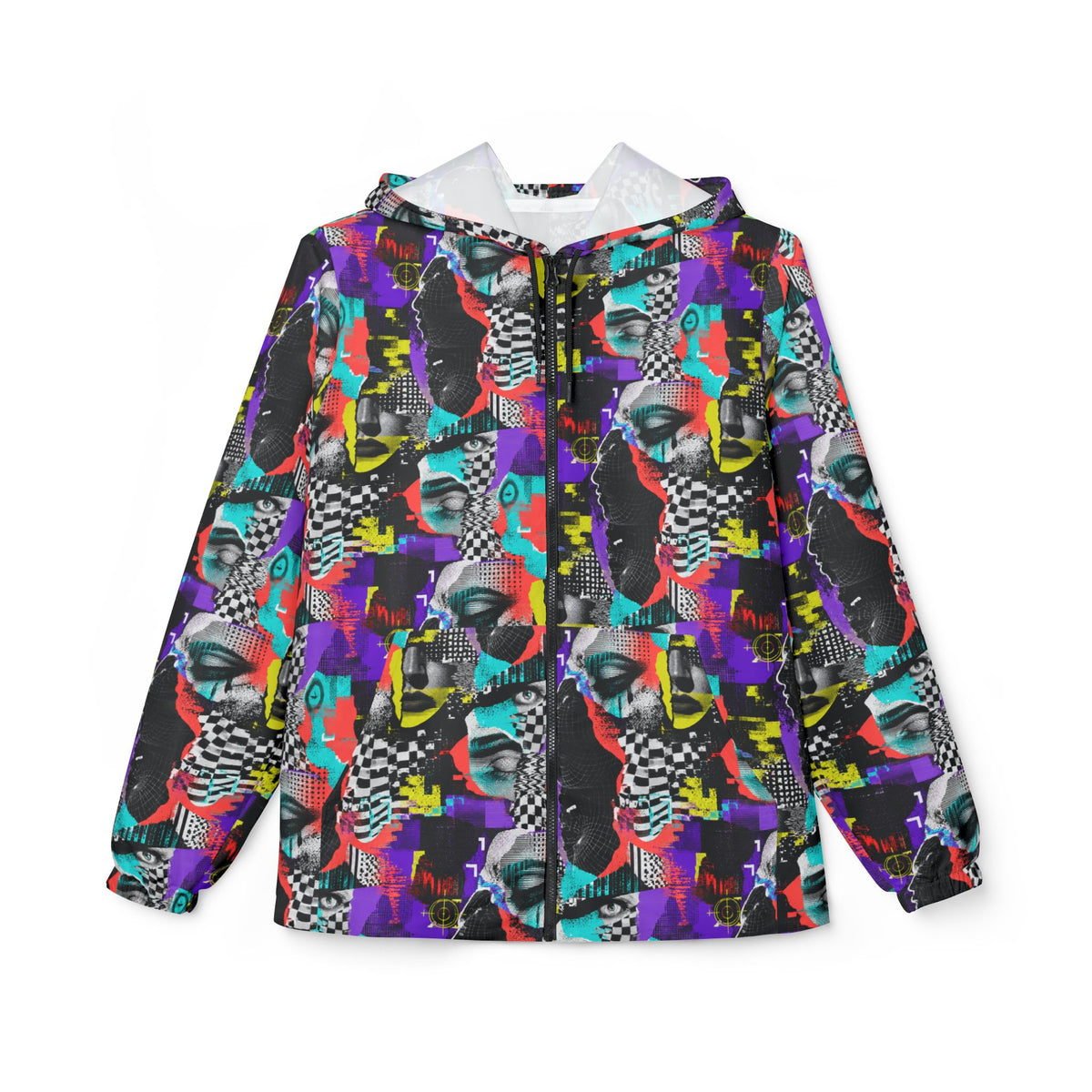 Signal Scramble adversarial fashion windbreaker front view with colorful glitch-inspired graphic print