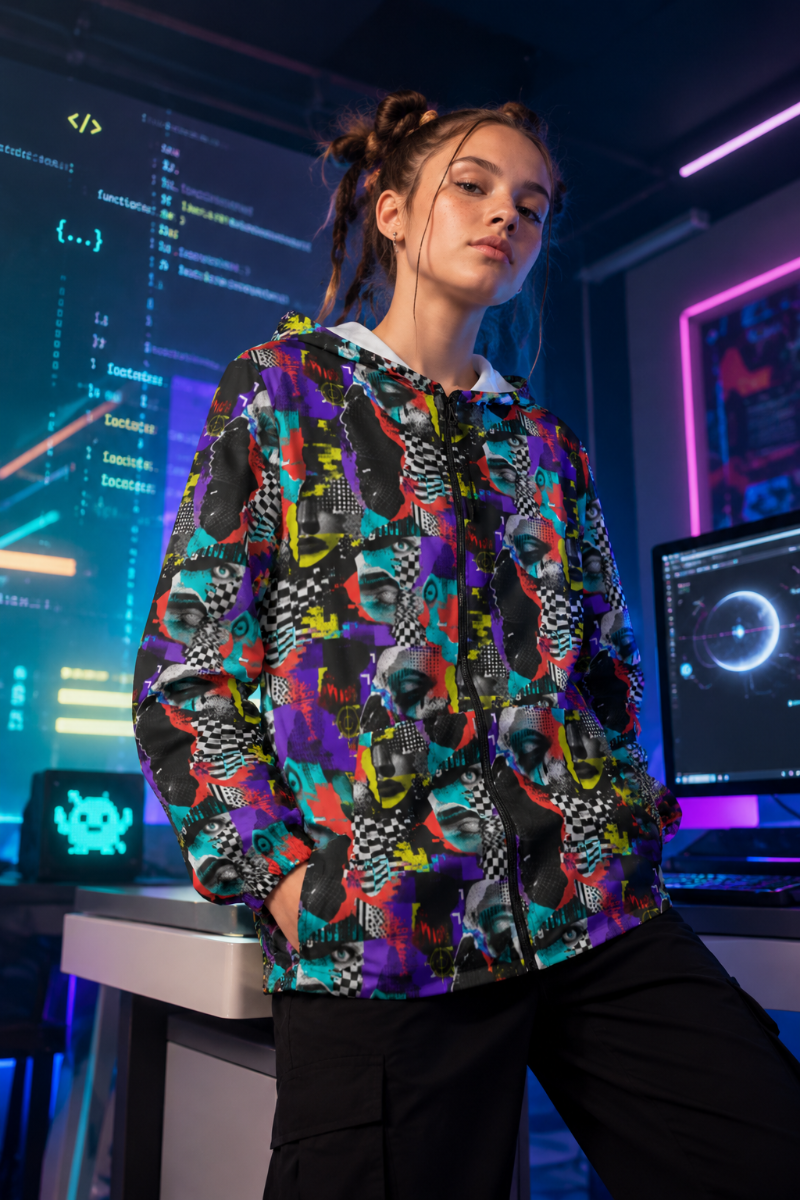 Female wearing the colorful Signal Scramble adversarial fashion windbreaker in a modern tech workspace