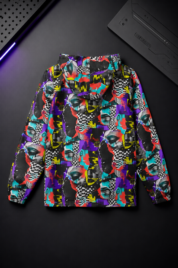 Back view flat lay of the Signal Scramble colorful adversarial fashion windbreaker