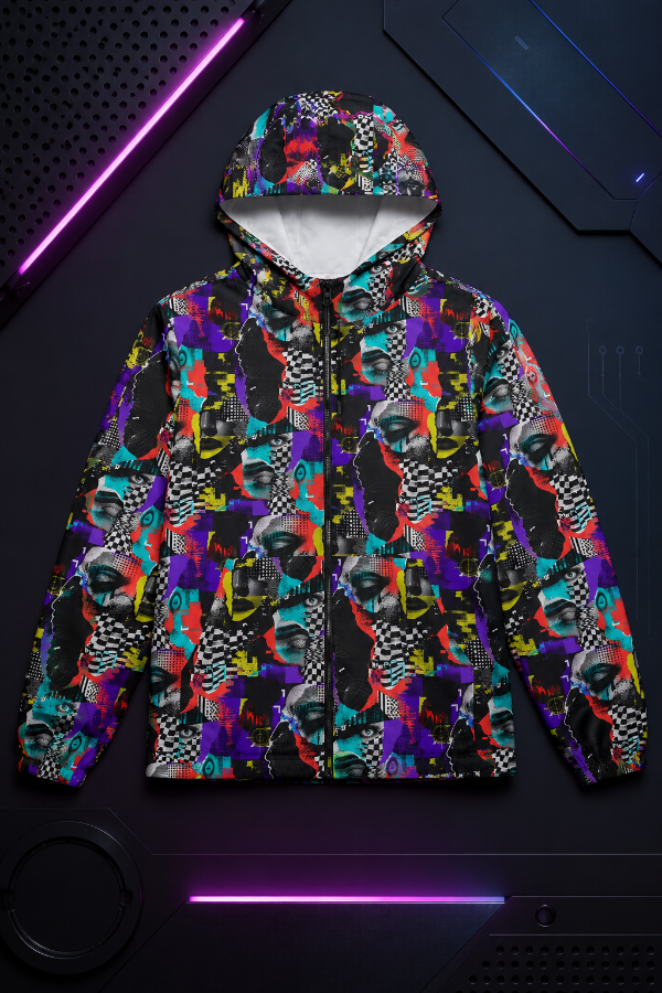 Front flat lay of the Signal Scramble adversarial fashion windbreaker in a cinematic tech setting