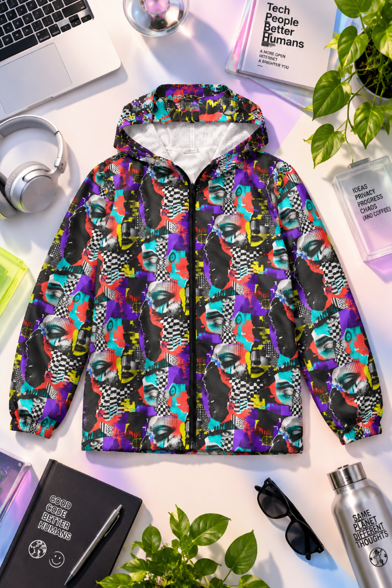 Signal Scramble colorful tech windbreaker front view in a bright editorial flat lay
