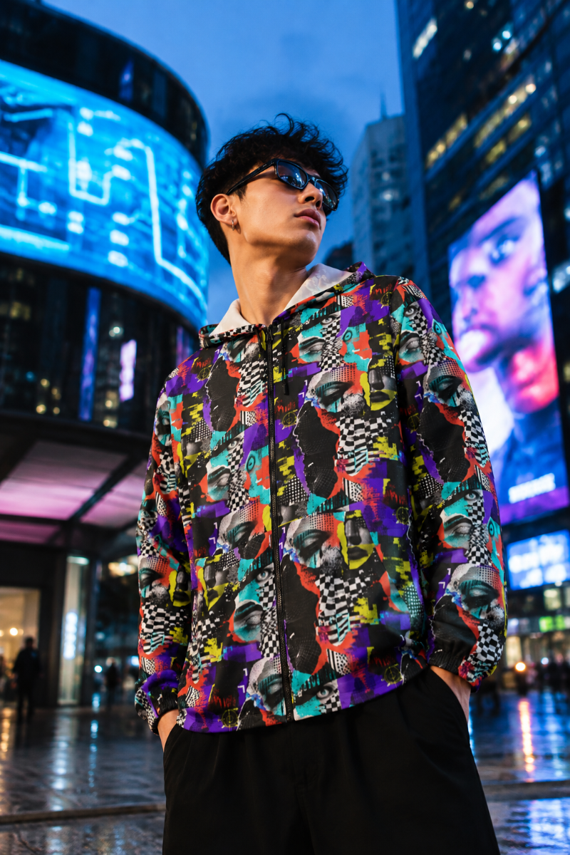 Gen Z man wearing the Signal Scramble graphic tech windbreaker in a futuristic urban outdoor setting