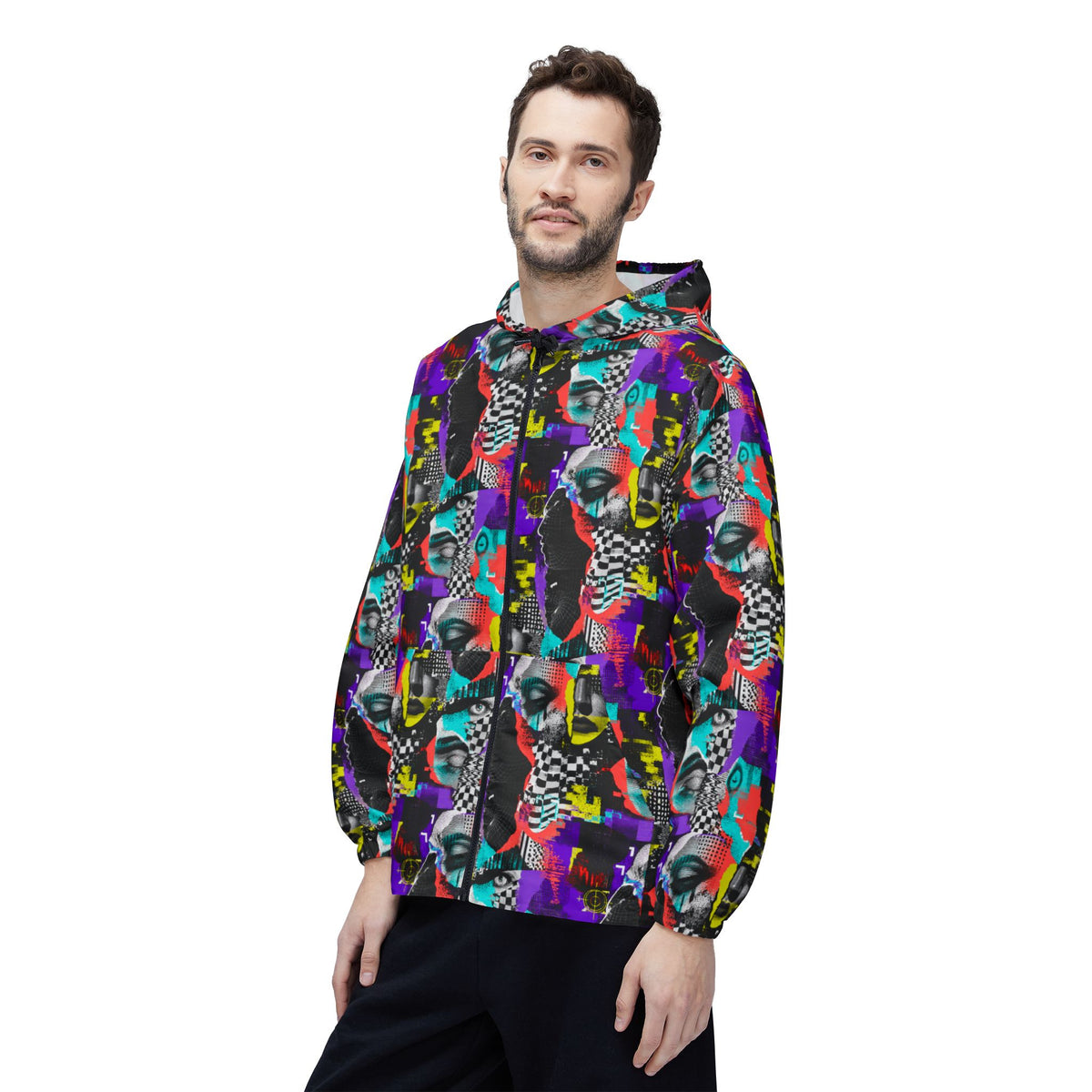 Man modeling the Signal Scramble colorful unisex tech windbreaker from the front