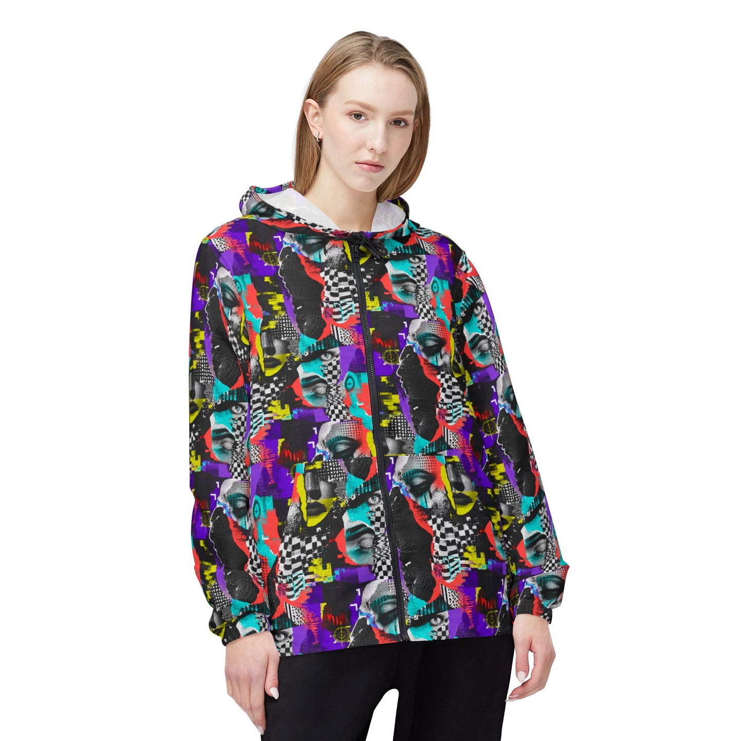 Woman modeling the Signal Scramble unisex adversarial fashion windbreaker from the front