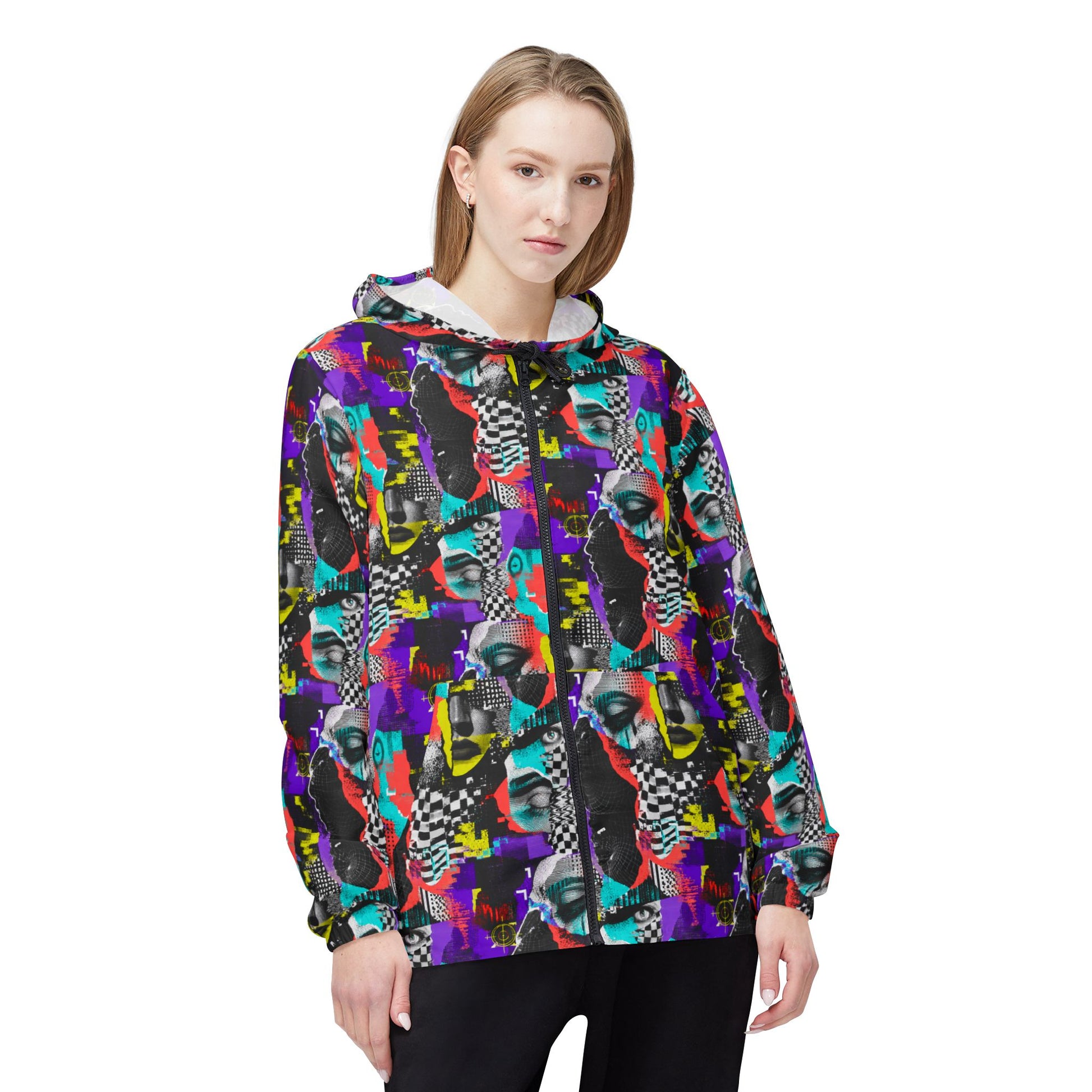 Woman modeling the Signal Scramble unisex adversarial fashion windbreaker from the front