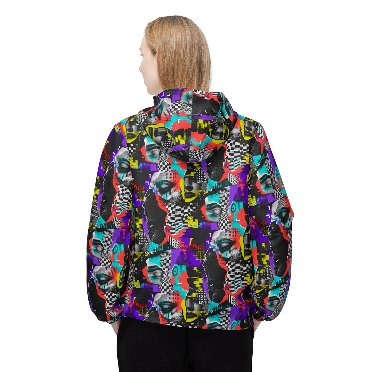 Woman modeling the colorful Signal Scramble tech windbreaker from the back