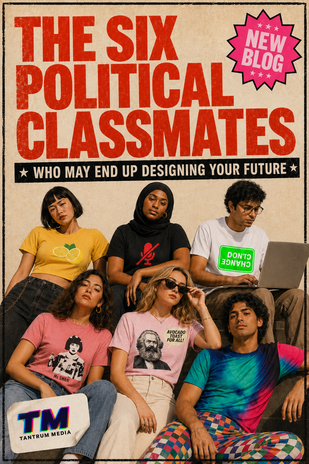 Six diverse college students wearing statement apparel on the cover of The Six Political Classmates Who May End Up Designing Your Future editorial
