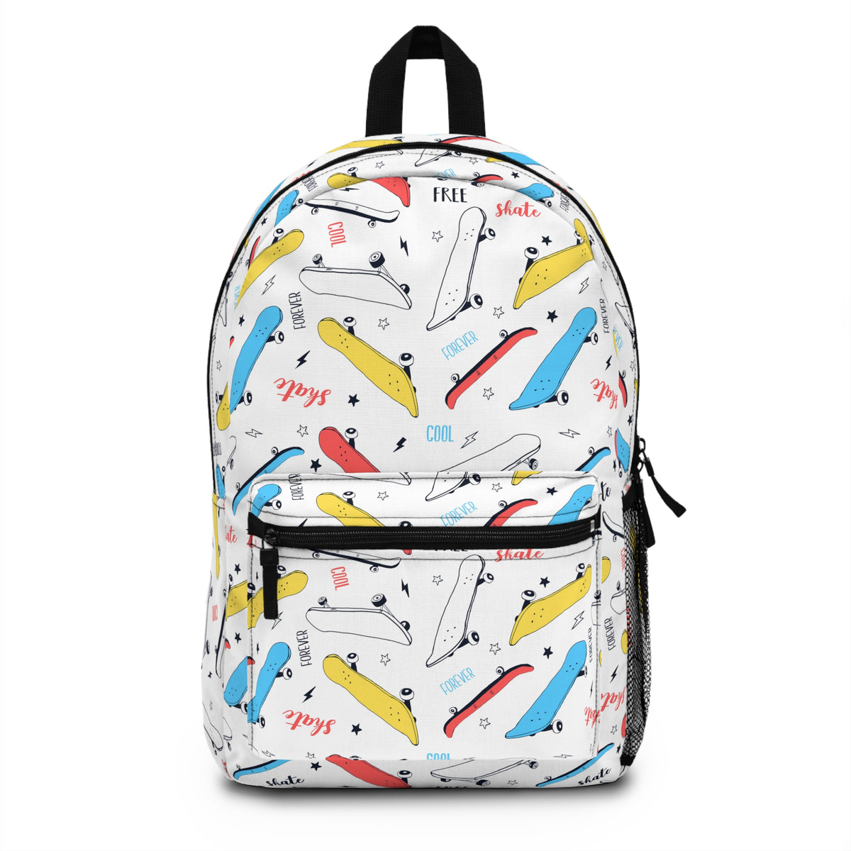 Front view of the white Skater Backpack with blue, yellow and red skateboard graphics and a black zippered front pocket.