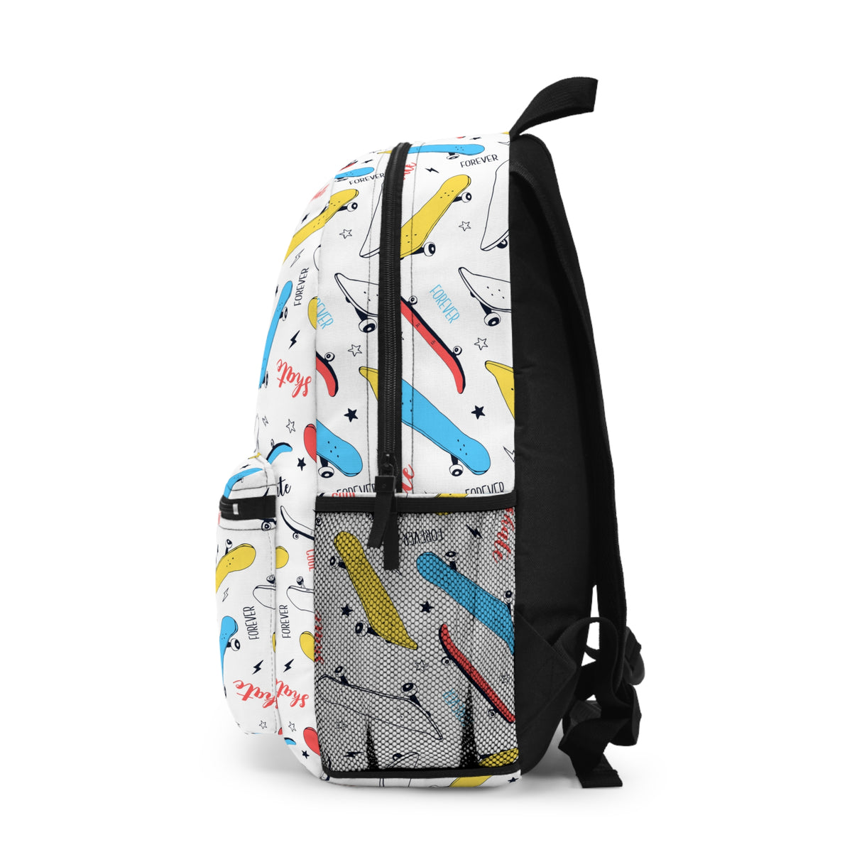 Side view of the white Skater Backpack showing colorful skateboard graphics, a black mesh pocket and shoulder strap.