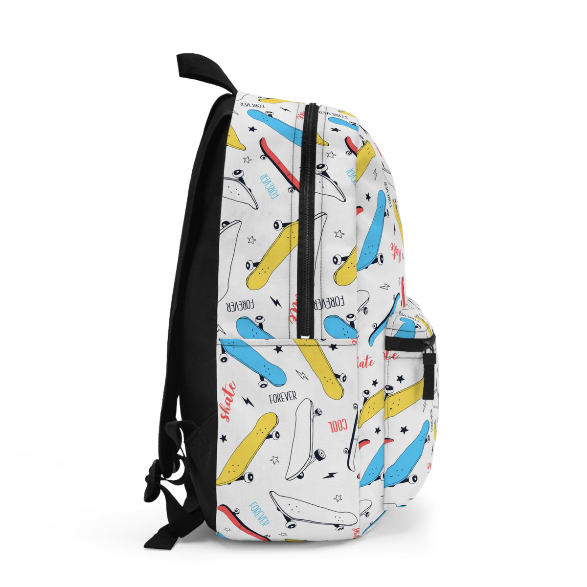 Side profile of the Skater Backpack showing its colorful skateboard print, main zipper and black shoulder straps.