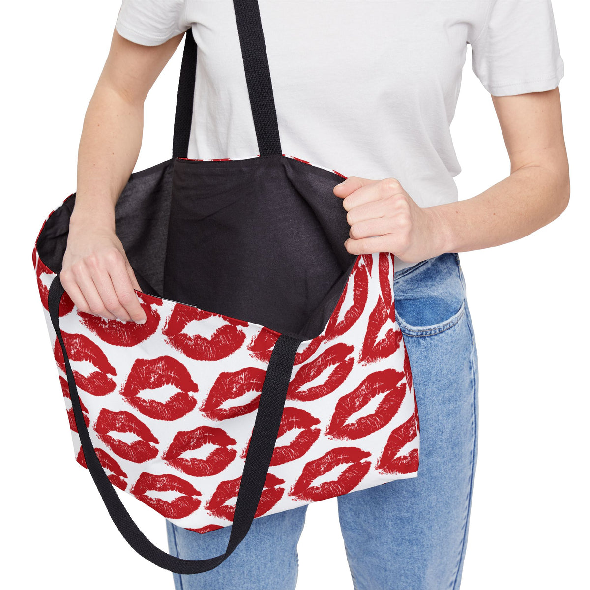Smooch kiss print large travel tote with red lips pattern and black handles