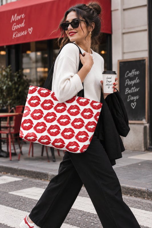 Smooch red lips weekender bag carried in a city lifestyle scene