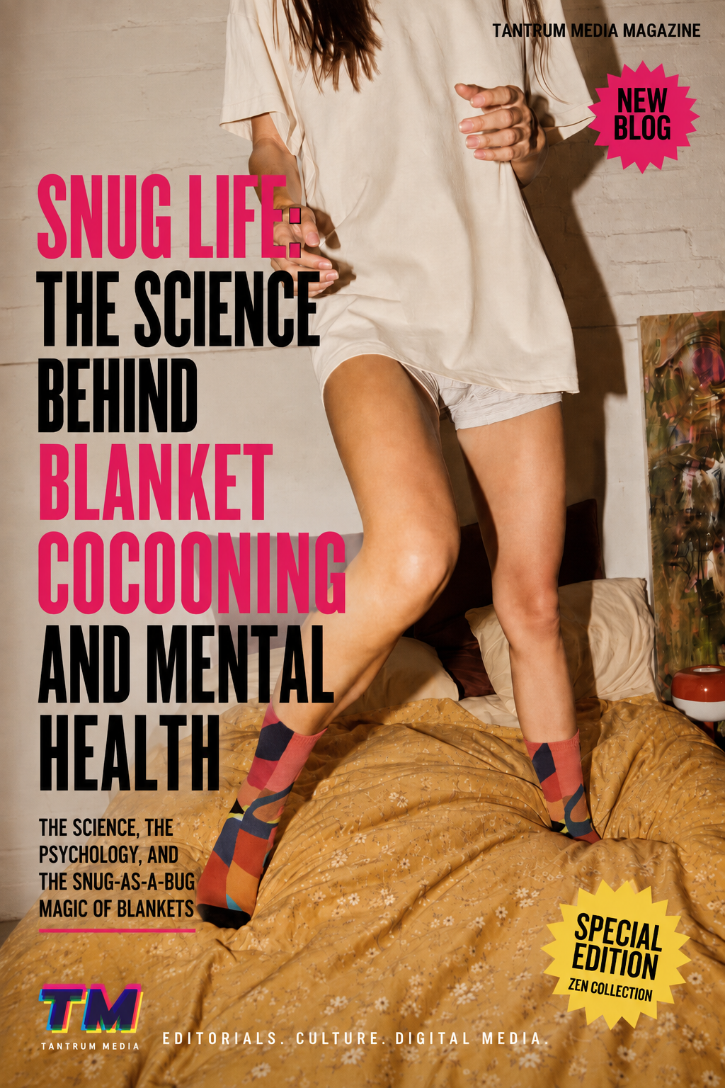 Snug Life editorial cover about blanket cocooning, mental health, comfort, sleep and the psychology of blankets.