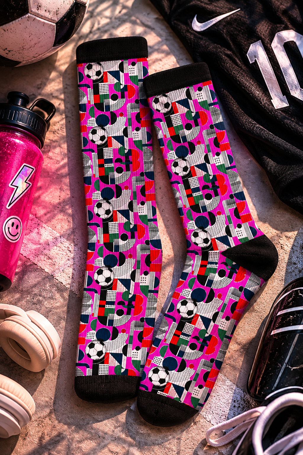FIFA World Cup 2026 soccer fan crew socks displayed with soccer gear in a lifestyle flat lay.
