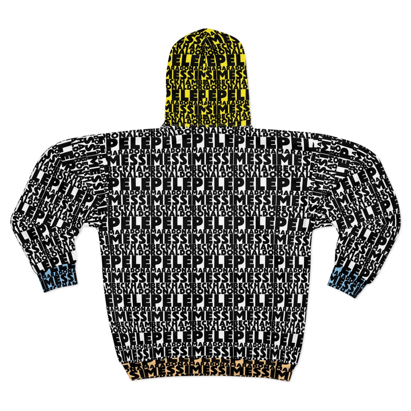 Back product view of the Soccer Legends zip hoodie with all-over soccer legends typography